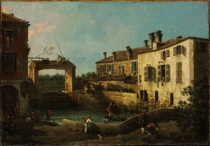 Framed Print : Lock near Dolo, 1776. Artist: Canaletto (1697-1768) Framed Print : Lock near Dolo, 1776. Artist: Canaletto (1697-1768)