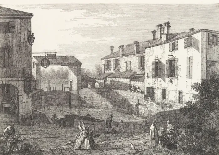 Framed Print : The Locks at Dolo, an oval-shaped basin with boats at center, buildings on either side Framed Print : The Locks at Dolo, an oval-shaped basin with boats at center, buildings on either side