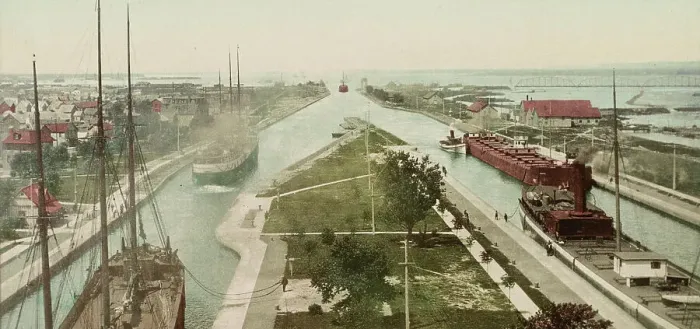 Framed Print : The Locks, Sault Ste. Marie, Michigan, ca 1900. Creator: Unknown