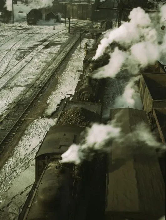 Framed Print : Locomotives lined up for coal, sand and water at the coaling station in the 40... Chicago, 1942. Creator: Jack Delano Framed Print : Locomotives lined up for coal, sand and water at the coaling station in the 40... Chicago, 1942. Creator: Jack Delano
