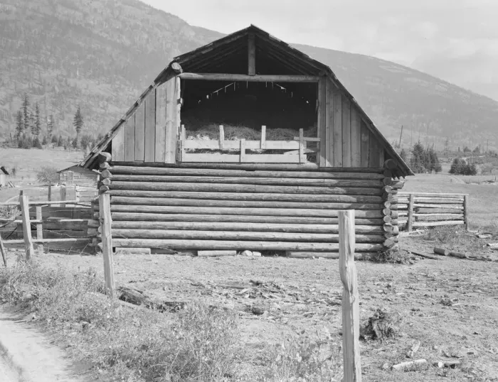 Framed Print : Log barn, FSA borrower plans to develop dairy ranch, Boundary County, Idaho, 1939. Creator: Dorothea Lange Framed Print : Log barn, FSA borrower plans to develop dairy ranch, Boundary County, Idaho, 1939. Creator: Dorothea Lange