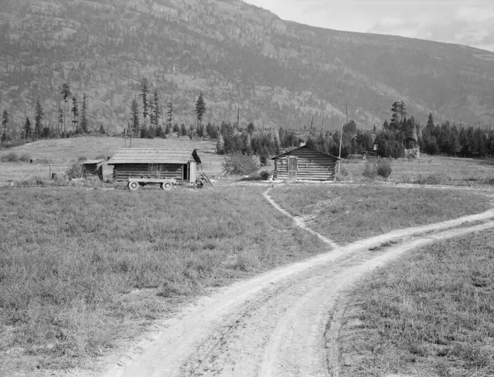 Framed Print : Log buildings and cleared land on FSA borrowers place, Boundary County, Idaho, 1939. Creator: Dorothea Lange Framed Print : Log buildings and cleared land on FSA borrowers place, Boundary County, Idaho, 1939. Creator: Dorothea Lange