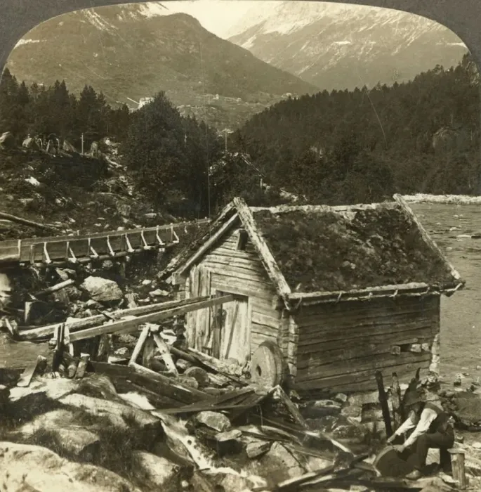 Framed Print : A log-built mill and a water-wheel grindstone, on Stalheims river, Naerodal, Norway, c1905 Framed Print : A log-built mill and a water-wheel grindstone, on Stalheims river, Naerodal, Norway, c1905