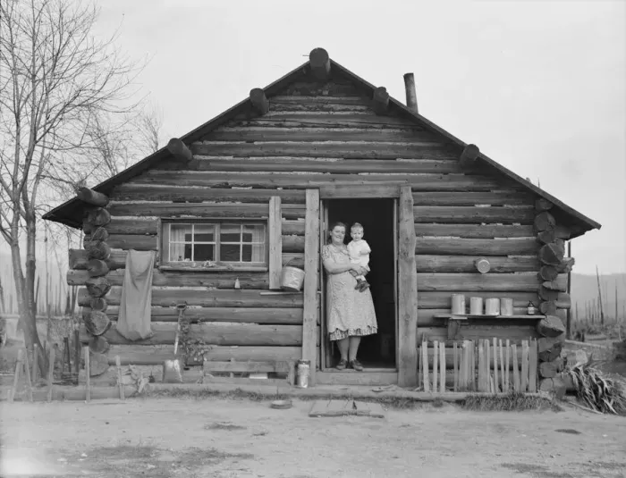 Framed Print : Log house now occupied and enlarged by the Halley family, Bonner County, Idaho, 1939. Creator: Dorothea Lange Framed Print : Log house now occupied and enlarged by the Halley family, Bonner County, Idaho, 1939. Creator: Dorothea Lange