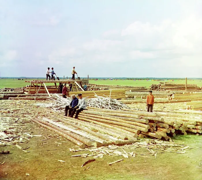 Framed Print : Log sawing, Kuzminskoy, 1912. Creator: Sergey Mikhaylovich Prokudin-Gorsky Framed Print : Log sawing, Kuzminskoy, 1912. Creator: Sergey Mikhaylovich Prokudin-Gorsky