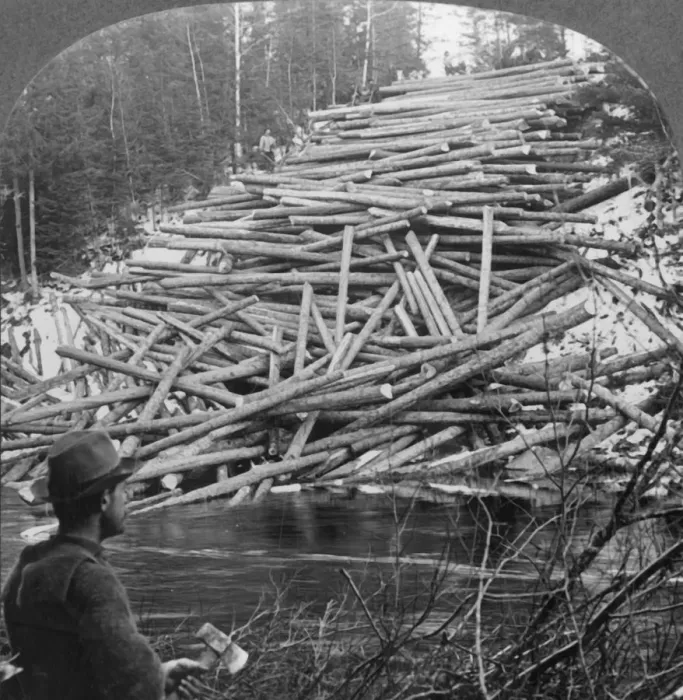Framed Print : Logs from the Forest Delivered at the Stream, Aroostook County, Me. c1930s. Creator: Unknown Framed Print : Logs from the Forest Delivered at the Stream, Aroostook County, Me. c1930s. Creator: Unknown
