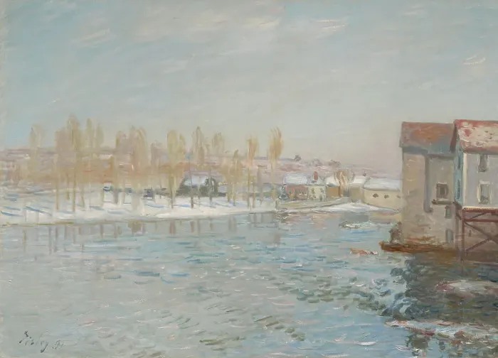 Framed Print : The Loing And The Mills Of Moret, Snow Effect, 1891. Creator: Alfred Sisley Framed Print : The Loing And The Mills Of Moret, Snow Effect, 1891. Creator: Alfred Sisley