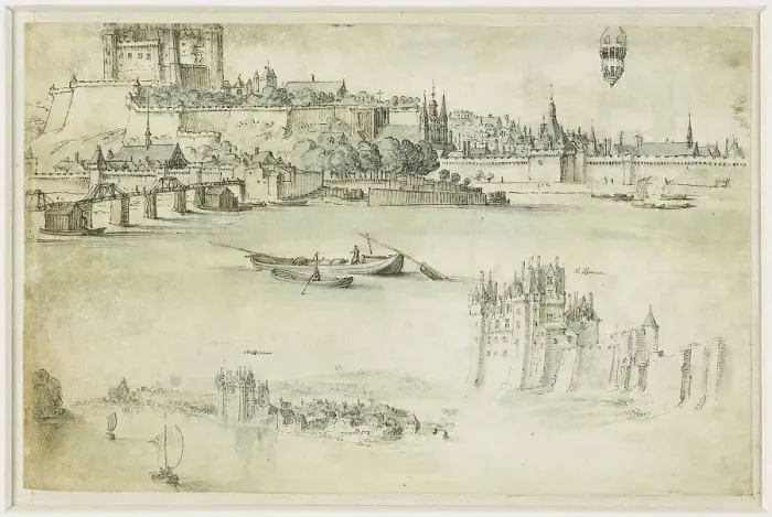 Framed Print : Loire landscape with the castles Saumur and Montsoreau, 1600-1650. Creator: Anon Framed Print : Loire landscape with the castles Saumur and Montsoreau, 1600-1650. Creator: Anon