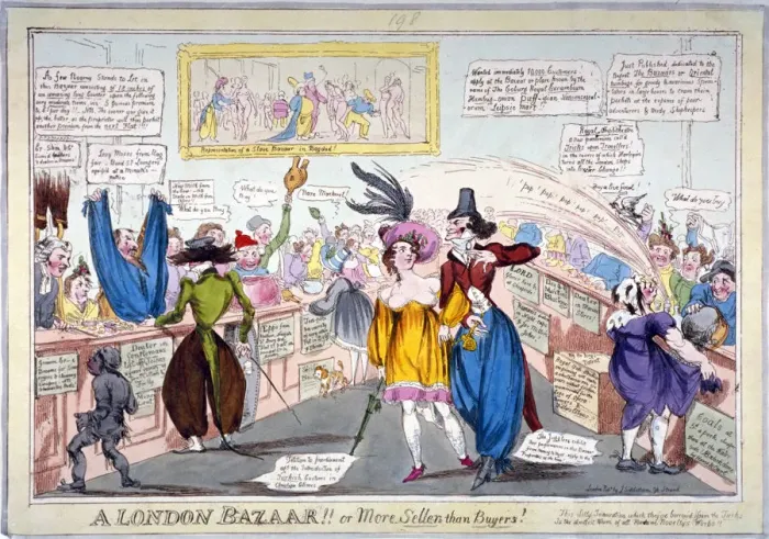 Framed Print : A London Bazaar!! or more sellers than buyers!... c1820 Framed Print : A London Bazaar!! or more sellers than buyers!... c1820