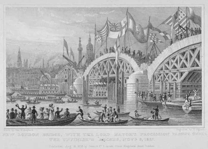 Framed Print : London Bridge, with the Lord Mayors procession passing under the unfinished arches, 1827 Framed Print : London Bridge, with the Lord Mayors procession passing under the unfinished arches, 1827