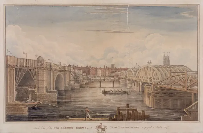 Framed Print : London Bridge (old and new), London, 1827. Artist: G Yates Framed Print : London Bridge (old and new), London, 1827. Artist: G Yates