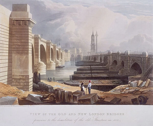 London Bridge (old and new), London, 1832