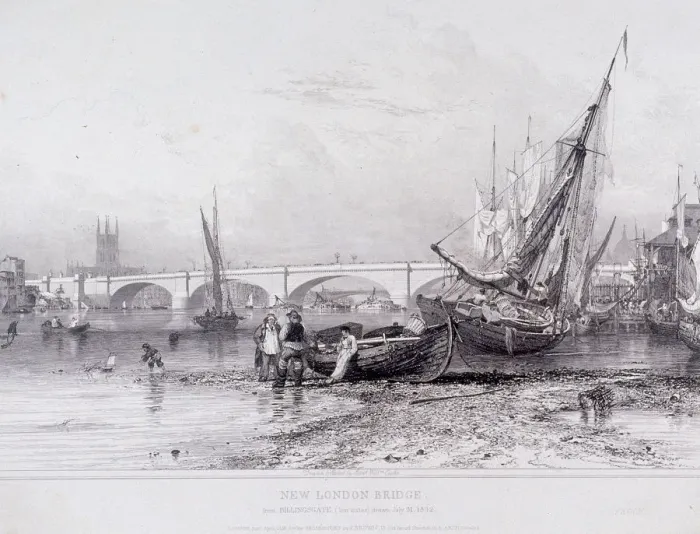 Framed Print : London Bridge (old and new), London, 1833. Artist: Edward William Cooke Framed Print : London Bridge (old and new), London, 1833. Artist: Edward William Cooke