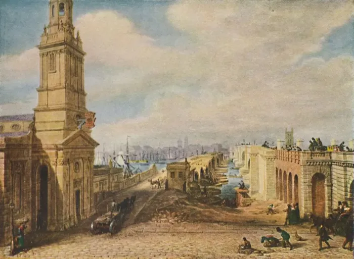 Framed Print : London Bridges Old and New, 1831, (1920). Artist: George Scharf