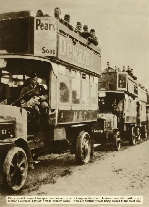 Framed Print : London buses taking Scottish troops to the front, First World War, 1914, (1935). Creator: Unknown Framed Print : London buses taking Scottish troops to the front, First World War, 1914, (1935). Creator: Unknown
