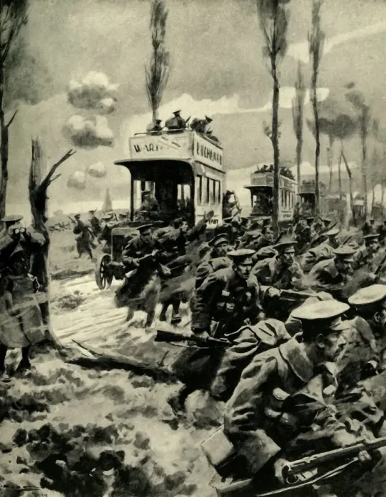 Framed Print : London buses used to transport troops to the front, First World War, 1914-1918, (c1920)
