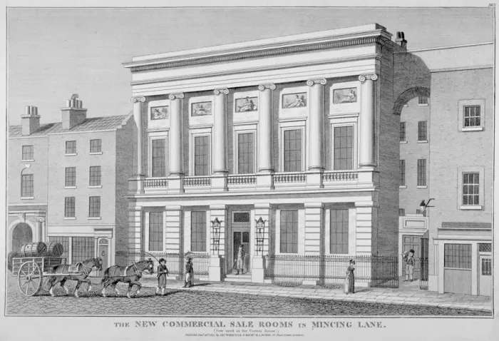 Framed Print : The London Commercial Sale Rooms and Mincing Lane, City of London, 1814 Framed Print : The London Commercial Sale Rooms and Mincing Lane, City of London, 1814