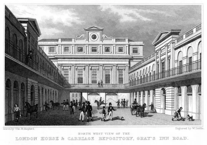 Framed Print : London Horse and Carriage Repository, Grays Inn Road, 1828. Artist: William Deeble Framed Print : London Horse and Carriage Repository, Grays Inn Road, 1828. Artist: William Deeble