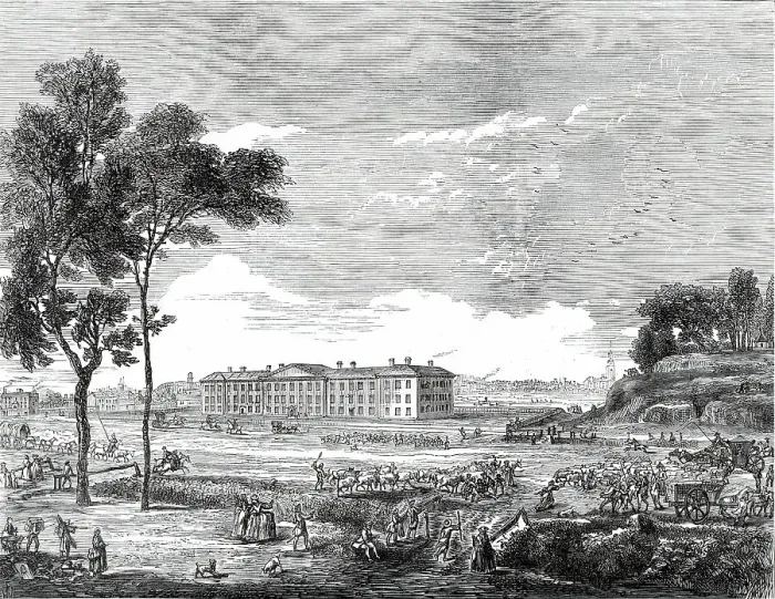 Framed Print : The London Hospital in 1753 - from an old print, 1876. Creator: Unknown Framed Print : The London Hospital in 1753 - from an old print, 1876. Creator: Unknown