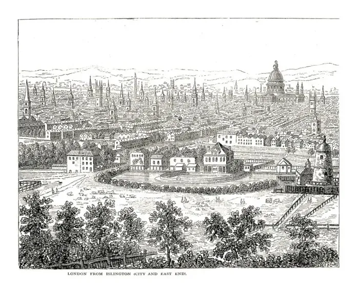 Framed Print : London from Islington City and East End. From a view by Canaletti, published 1753. Artist: Canaletto Framed Print : London from Islington City and East End. From a view by Canaletti, published 1753. Artist: Canaletto
