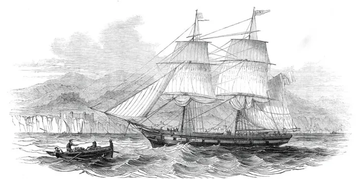 Framed Print : The London and Madeira packet brig Dart, entering Funchal Roads, 1845 Framed Print : The London and Madeira packet brig Dart, entering Funchal Roads, 1845