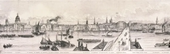 Framed Print : London from the River Thames, 1844 Artist: Frank Vizetelly Framed Print : London from the River Thames, 1844 Artist: Frank Vizetelly