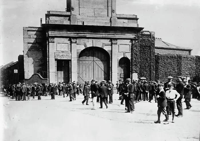 Framed Print : London Strike gates of Great East India dock; closed, between c1910 and c1915. Creator: Bain News Service Framed Print : London Strike gates of Great East India dock; closed, between c1910 and c1915. Creator: Bain News Service