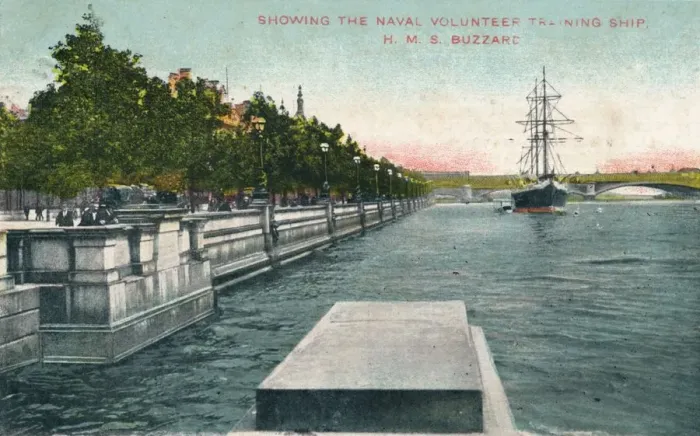 Framed Print : London, Thames Embankment - Showing the Naval Volunteer Training Ship, H. M. S. Buzzard, 1907 Framed Print : London, Thames Embankment - Showing the Naval Volunteer Training Ship, H. M. S. Buzzard, 1907
