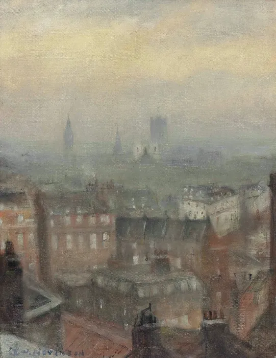 Framed Print : London triumphant in the fourth year of war: from the Dorchester roof, looking south-east, 1918. Creator: Nevinson, Christopher Richard Wynne (1889-1946) Framed Print : London triumphant in the fourth year of war: from the Dorchester roof, looking south-east, 1918. Creator: Nevinson, Christopher Richard Wynne (1889-1946)