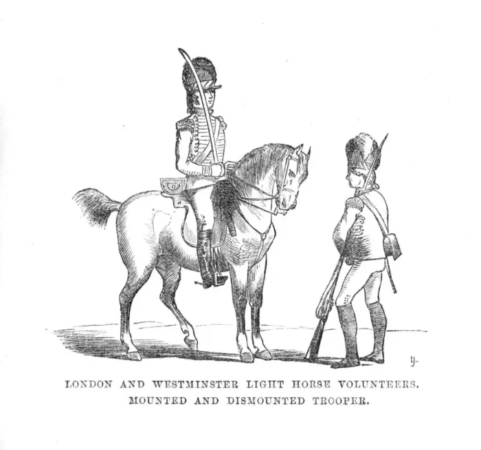 Framed Print : London and Westminster Light Horse Volunteers. Mounted and Dismounted Trooper, c1870 Framed Print : London and Westminster Light Horse Volunteers. Mounted and Dismounted Trooper, c1870