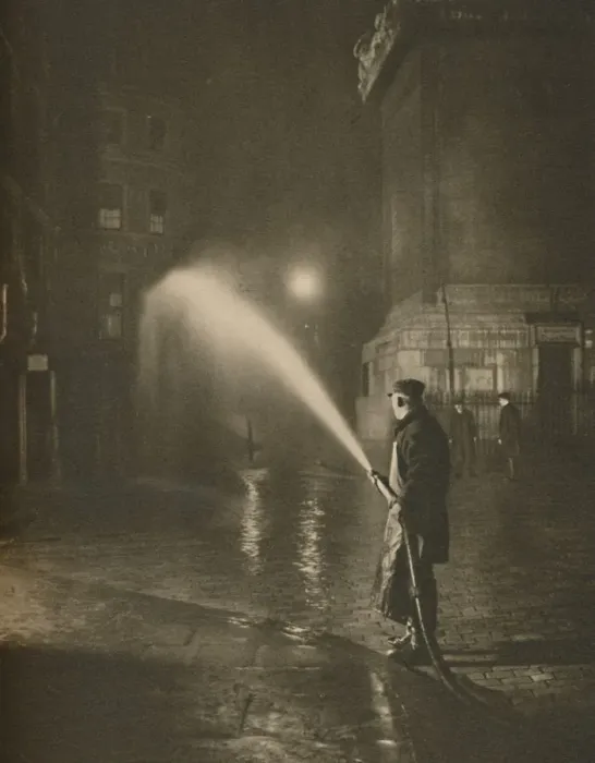 Framed Print : Londons Nightly Cleaning: Scene at the Base of the Monument, c1935. Creator: Unknown Framed Print : Londons Nightly Cleaning: Scene at the Base of the Monument, c1935. Creator: Unknown