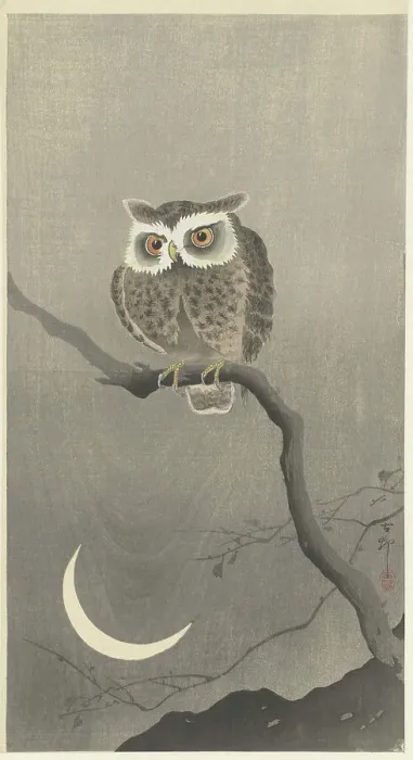 Framed Print : Long-eared owl on bare tree branch. Creator: Ohara, Koson (1877-1945) Framed Print : Long-eared owl on bare tree branch. Creator: Ohara, Koson (1877-1945)