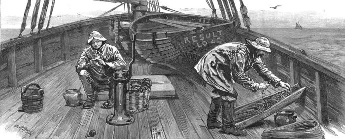 Framed Print : Long-line fishing in the North Sea, on deck baiting the lines, 1886. Creator: Unknown Framed Print : Long-line fishing in the North Sea, on deck baiting the lines, 1886. Creator: Unknown