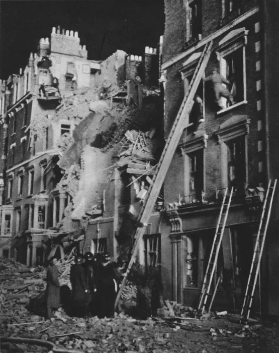 Framed Print : Through the long night the rescue men at work, searching, helping to safety, 1941 (1942) Framed Print : Through the long night the rescue men at work, searching, helping to safety, 1941 (1942)