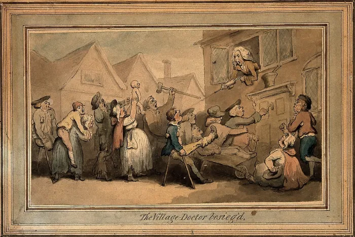 Framed Print : A long queue (line) of angry patients agitating outside the house of a doctor (surgeon... ([1800?). Creator: Thomas Rowlandson Framed Print : A long queue (line) of angry patients agitating outside the house of a doctor (surgeon... ([1800?). Creator: Thomas Rowlandson