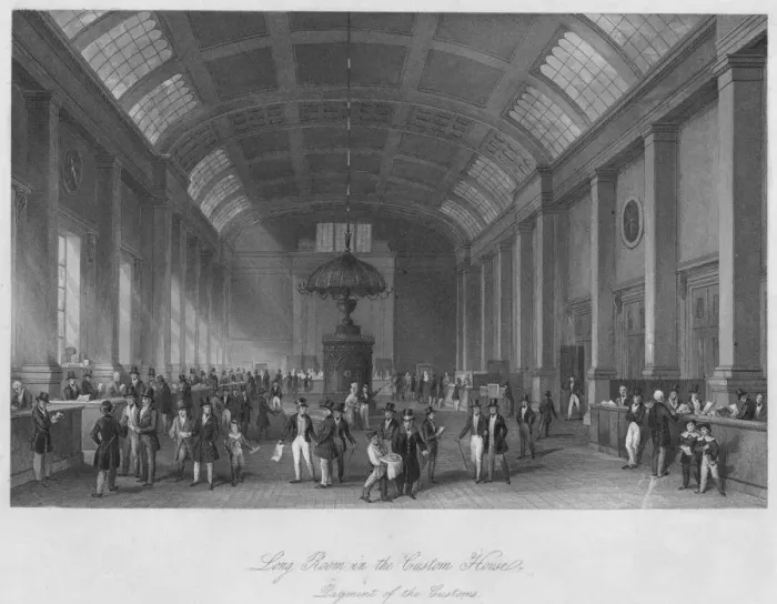 Framed Print : Long Room in the Custom House. Payment of the Customs, c1841. Artist: Henry Melville Framed Print : Long Room in the Custom House. Payment of the Customs, c1841. Artist: Henry Melville
