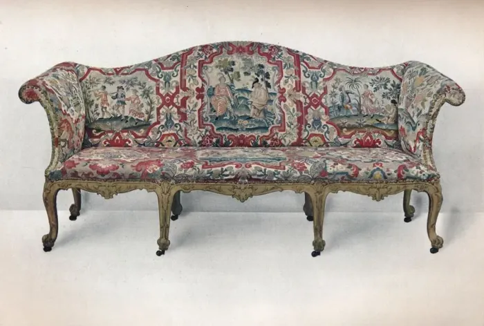Framed Print : Long Upholstered Sofa: Serpentine-Shaped, Carved and Gilt, c1750 Framed Print : Long Upholstered Sofa: Serpentine-Shaped, Carved and Gilt, c1750