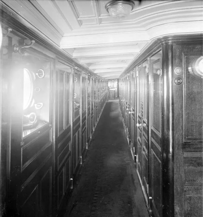 Framed Print : Long wood panelled corridor on steam yacht Venetia, 1920. Creator: Kirk & Sons of Cowes Framed Print : Long wood panelled corridor on steam yacht Venetia, 1920. Creator: Kirk & Sons of Cowes