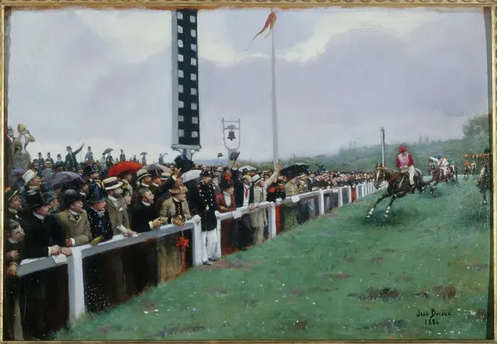 Framed Print : Longchamp races; finishing post, 1886. Creator: Jean Beraud Framed Print : Longchamp races; finishing post, 1886. Creator: Jean Beraud