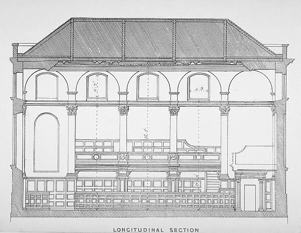 Longitudinal section of the Church of St Clement, Eastcheap, City of London, 1860