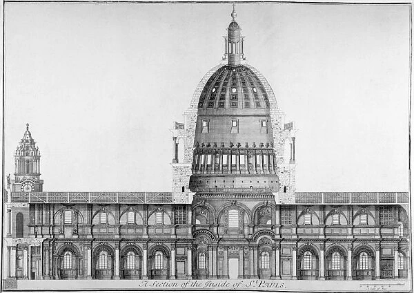Longitudinal section of St Pauls Cathedral, City of London, 1720
