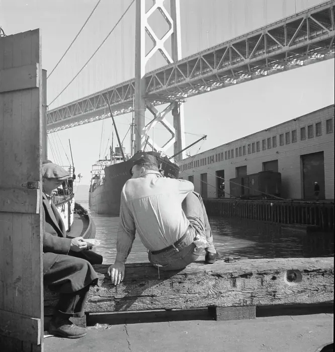 Framed Print : Longshoremen's lunch hour, San Francisco waterfront, California, 1937. Creator: Dorothea Lange Framed Print : Longshoremen's lunch hour, San Francisco waterfront, California, 1937. Creator: Dorothea Lange