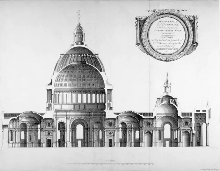 Framed Print : Longtitudinal section through St Pauls Cathedral, City of London, 1700 Framed Print : Longtitudinal section through St Pauls Cathedral, City of London, 1700