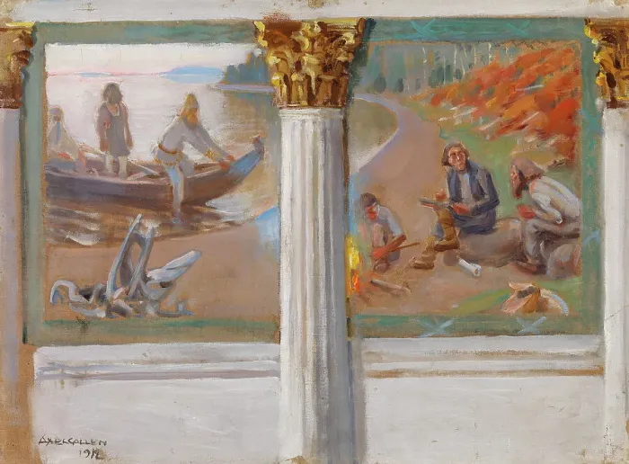 Framed Print : Lönnrot and poetry singers, sketch for a wall painting in the banquet hall of the University...1912 Creator: Akseli Gallen-Kallela Framed Print : Lönnrot and poetry singers, sketch for a wall painting in the banquet hall of the University...1912 Creator: Akseli Gallen-Kallela