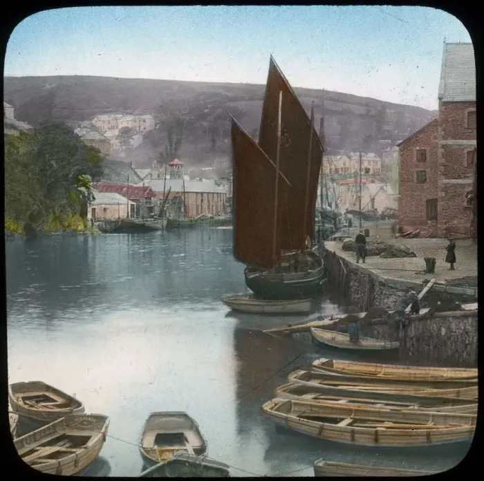 Framed Print : Looe, from the quay, Cornwall, late 19th or early 20th century. Artist: Church Army Lantern Department Framed Print : Looe, from the quay, Cornwall, late 19th or early 20th century. Artist: Church Army Lantern Department