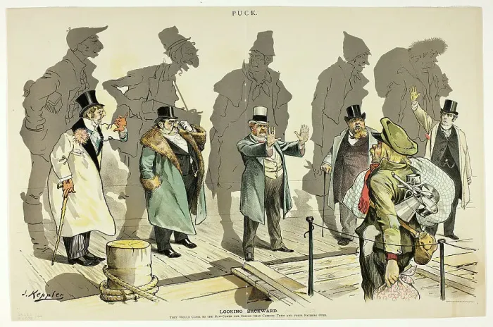 Framed Print : Looking Backward, from Puck, n.d. Creator: Joseph Keppler Framed Print : Looking Backward, from Puck, n.d. Creator: Joseph Keppler