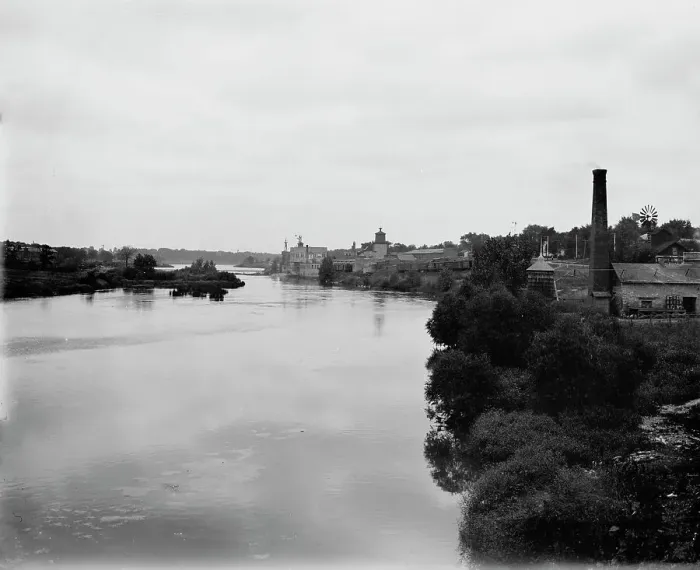 Framed Print : Looking up from Batavia, Fox River, Illinois, between 1880 and 1899. Creator: Unknown Framed Print : Looking up from Batavia, Fox River, Illinois, between 1880 and 1899. Creator: Unknown