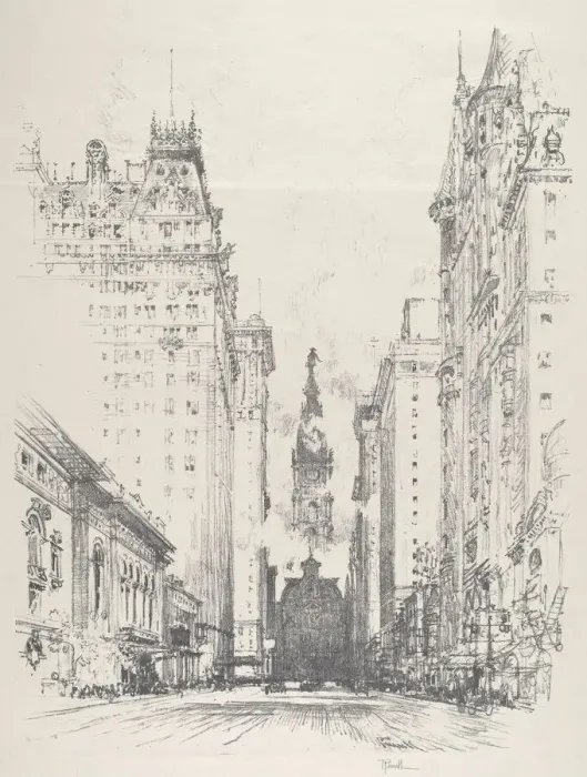 Framed Print : Looking up Broad Street from Spruce Street, 1912. Creator: Joseph Pennell Framed Print : Looking up Broad Street from Spruce Street, 1912. Creator: Joseph Pennell