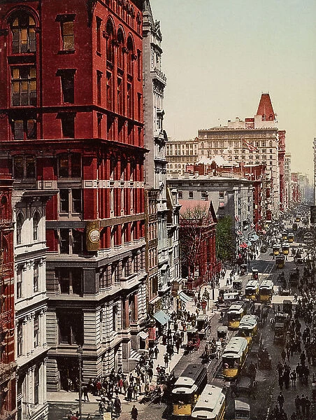 Looking up Broadway from Dey Street, New York City, ca 1900. Creator: Unknown