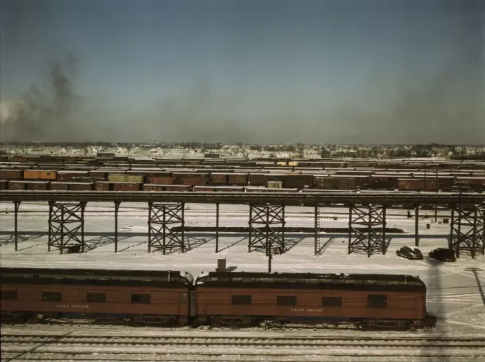 Framed Print : Looking toward the Chicago and North Western railroad classification yard. 1942. Creator: Jack Delano Framed Print : Looking toward the Chicago and North Western railroad classification yard. 1942. Creator: Jack Delano